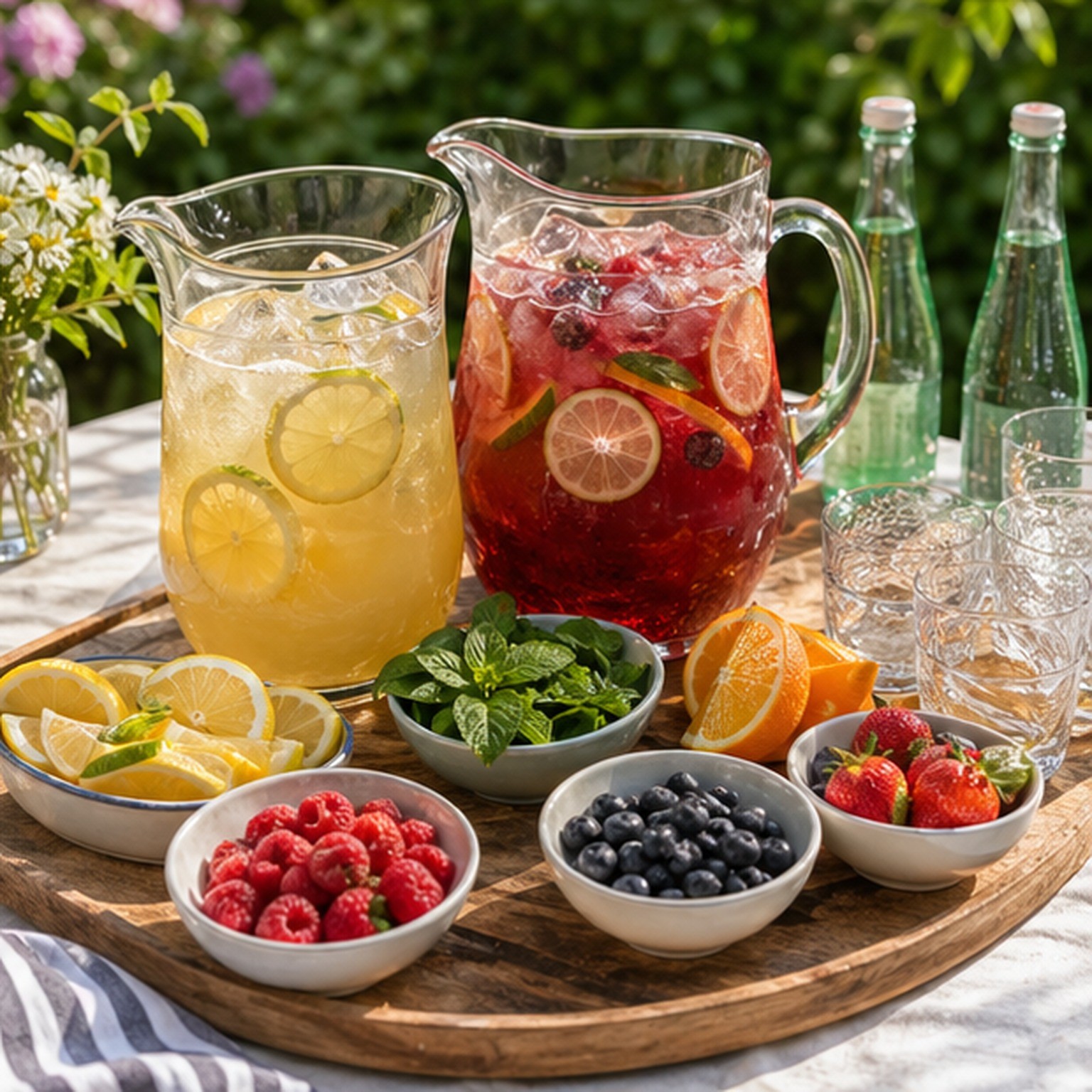 Summer mocktail tray with a pitcher, ice bucket, fruit bowls, and herb garnishes for a backyard party