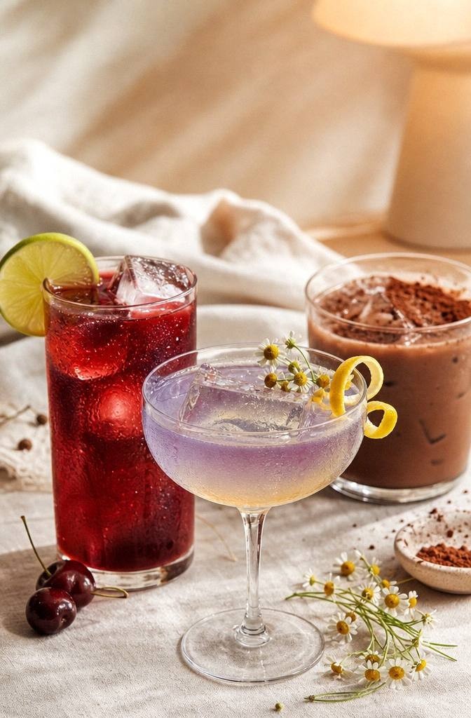 Soft lavender-gold chamomile bedtime cooler in a coupe with a lemon twist and chamomile flowers under warm lamp light