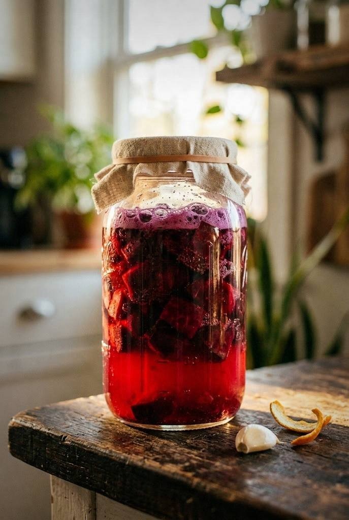 Quart jar of beet kvass on a wooden shelf, deep ruby-red liquid with beet cubes submerged