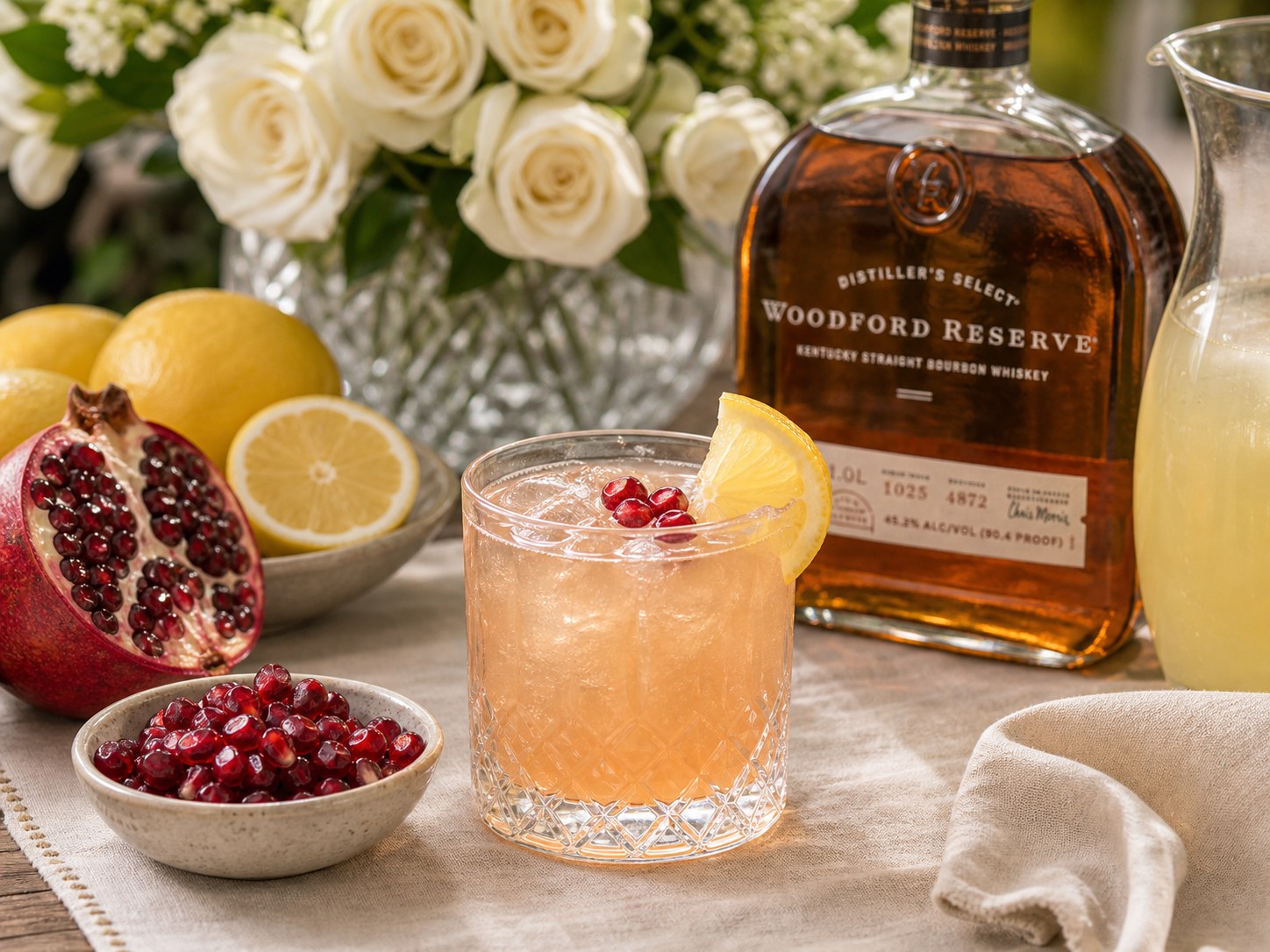 Official Belmont Jewel cocktail with bourbon, lemonade, pomegranate juice, ice, and a lemon twist on a summer race-day table
