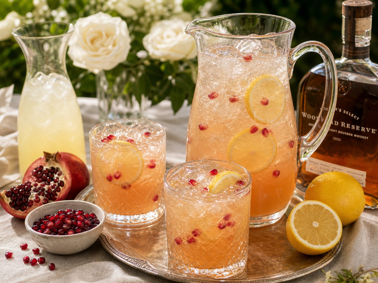 Pitcher of Belmont Jewel cocktails with bourbon lemonade pomegranate juice, lemon twists, ice, and glasses ready for a race-day party