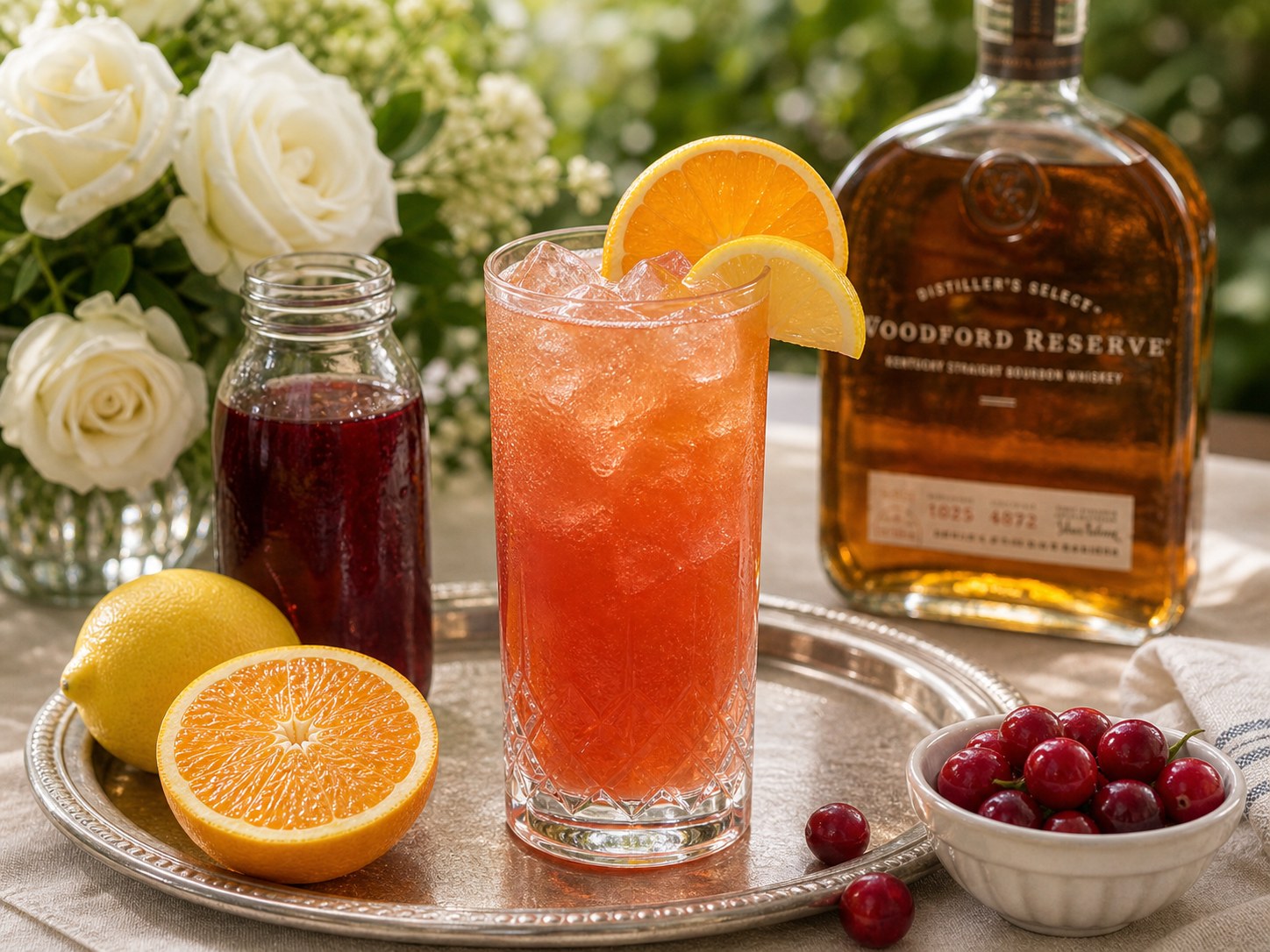 Belmont Breeze cocktail with whiskey, sherry, citrus juices, cranberry, soda, mint, and strawberry in a tall glass