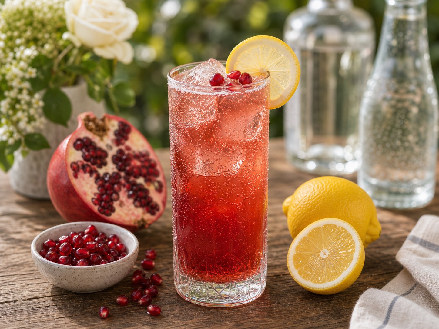 Pomegranate gin Collins with gin, lemon, pomegranate juice, soda water, ice, and lemon garnish in a tall glass