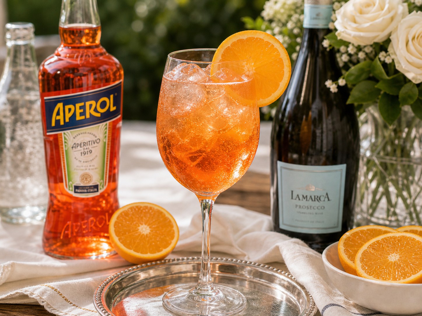 Saratoga spritz with prosecco, Aperol, soda water, orange, pomegranate accent, and ice in a wine glass