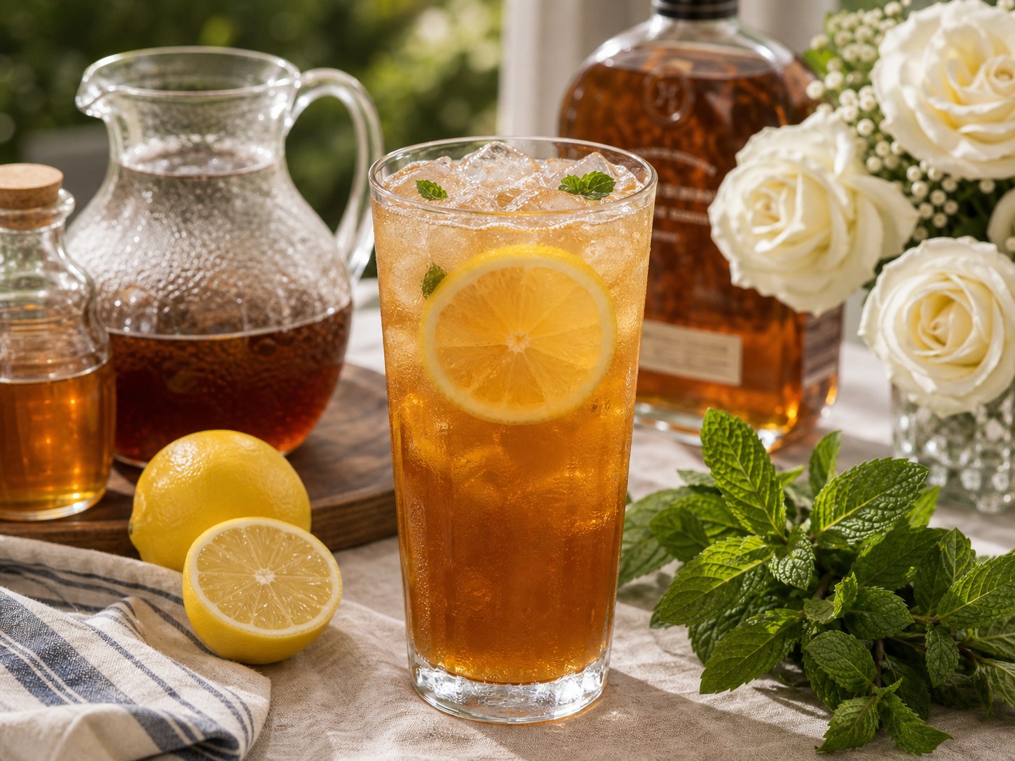 Bourbon sweet tea lemonade with iced tea, lemonade, bourbon, lemon, mint, and ice in a tall glass
