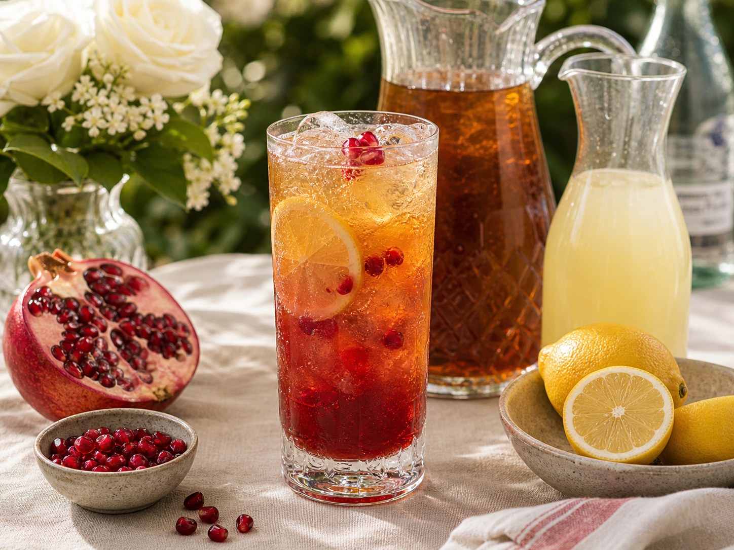 Alcohol-free pomegranate Arnold Palmer with iced tea, lemonade, pomegranate juice, lemon, mint, and fresh ice