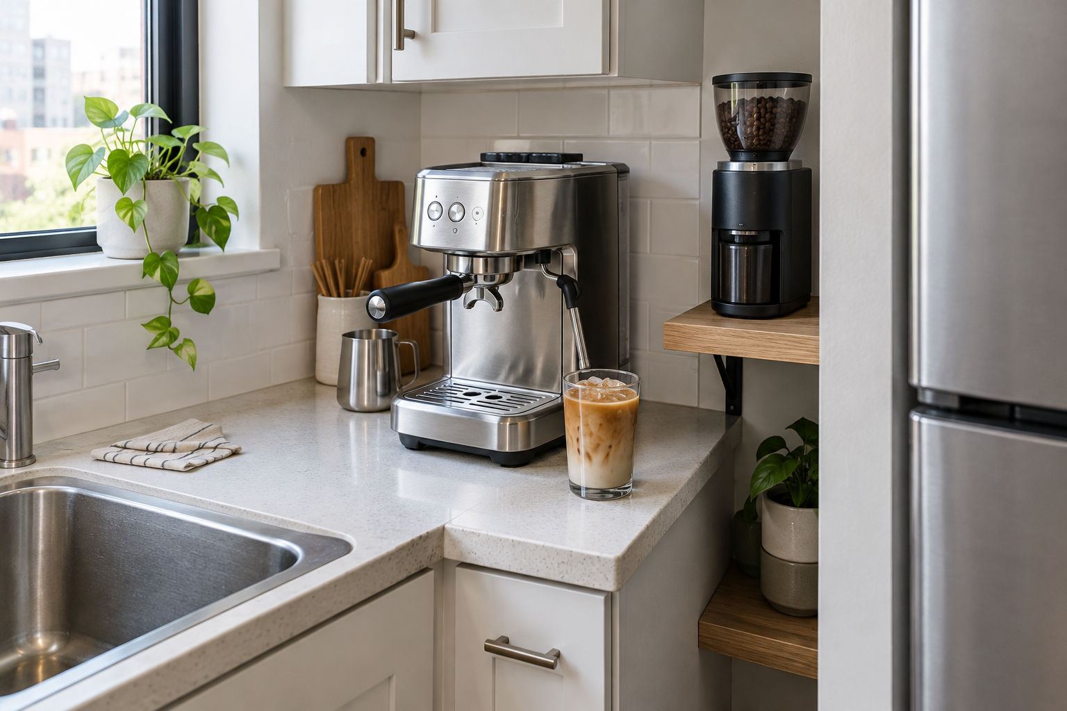 Illustrative narrow espresso setup in a small kitchen with a separate grinder; not the Breville Bambino BES450