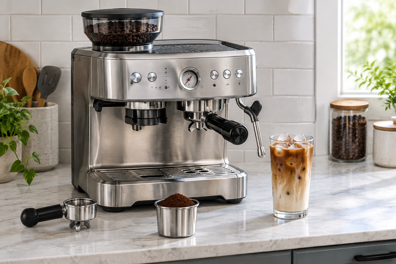 Illustrative all-in-one espresso setup with bean hopper, portafilter, and iced latte; not the Breville Barista Express BES870XL