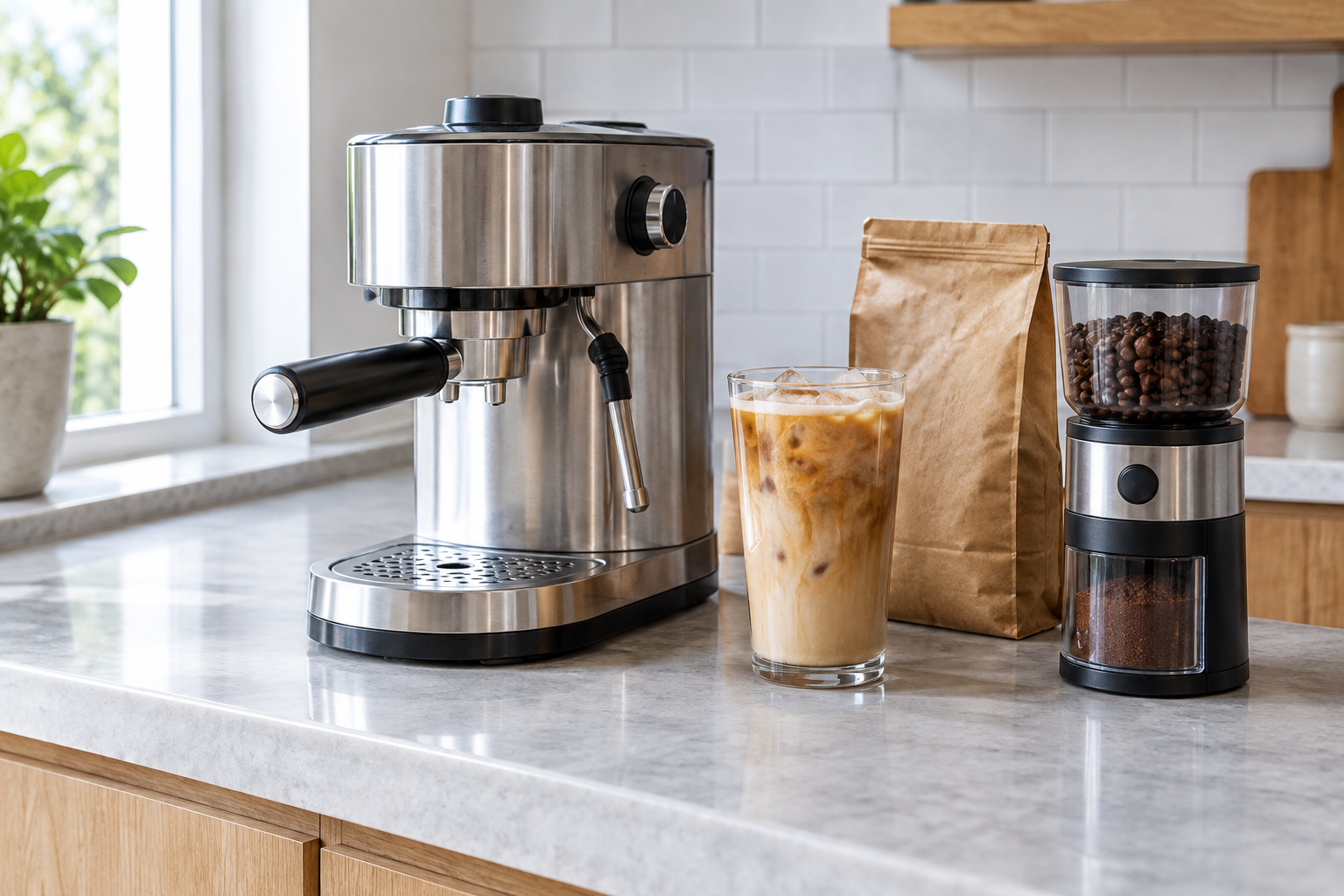 Illustrative compact espresso setup with a separate grinder and an iced latte; not the CASABREWS 3700 Essential