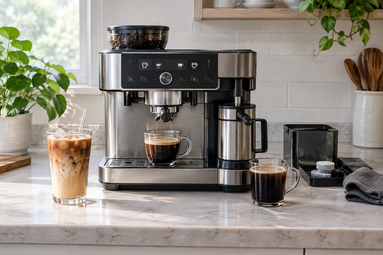 Illustrative mixed-drink coffee station with an iced latte, hot coffee, and frothing vessel; not the Ninja Luxe Café Premier ES601GM