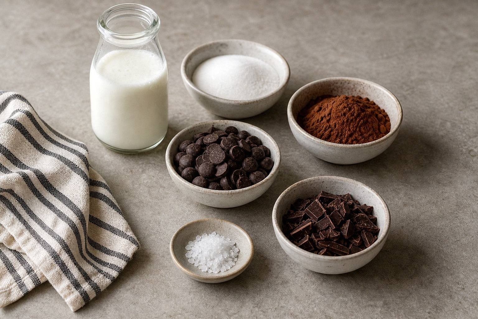 measured ingredients for hot chocolate including whole milk, granulated sugar, cocoa powder, sea salt, dark chocolate, and semisweet chocolate