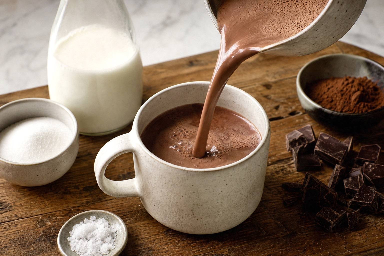 hot chocolate being poured into a mug, showing the smooth, silky texture of the melted chocolate mixture