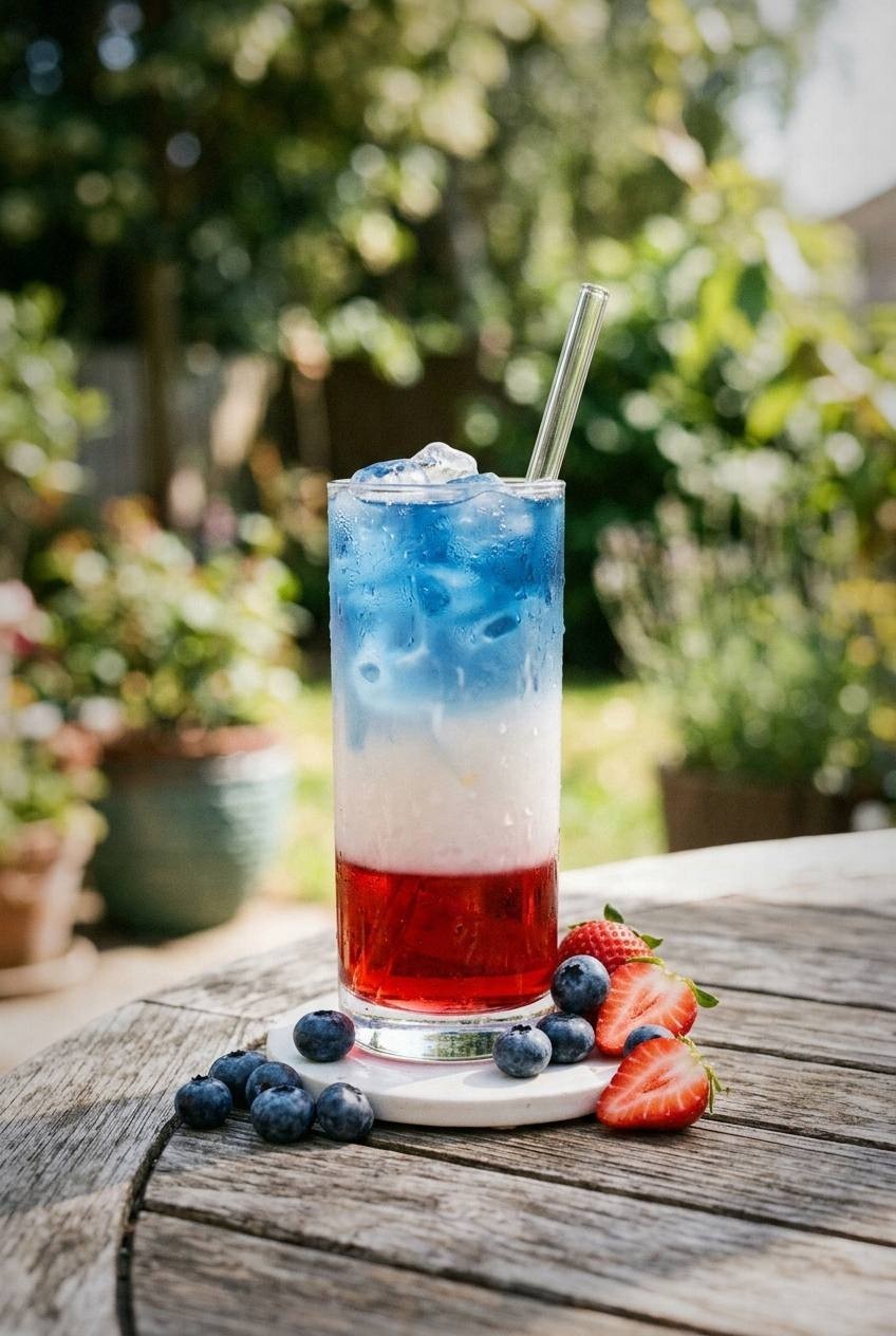 Tall glass of layered red white and blue mocktail showing distinct color layers with fresh berries beside it