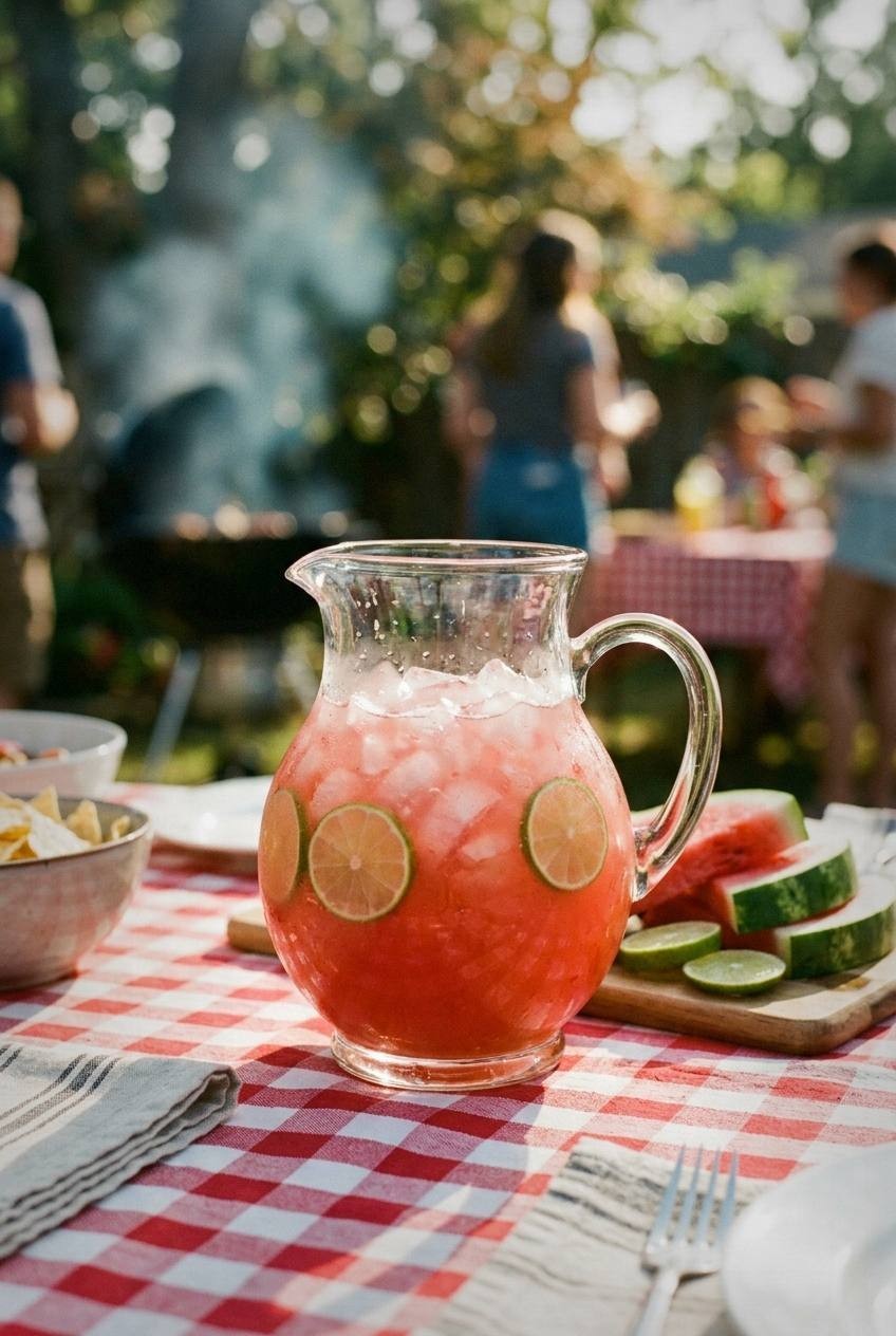 Large glass pitcher of watermelon agua fresca with ice and lime wheels on a sunny backyard BBQ table