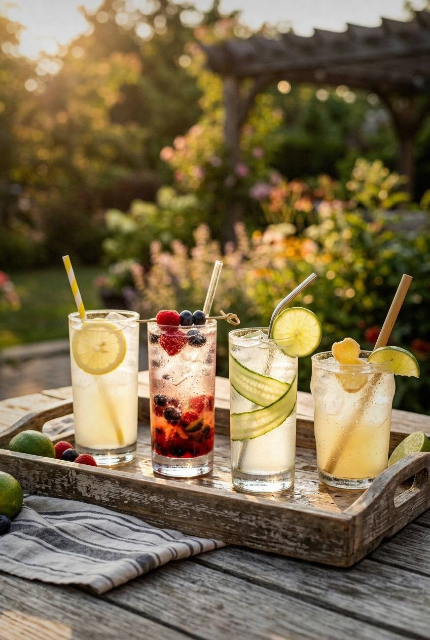 Multiple glasses of different summer mocktails arranged on outdoor tray with lemonade berry spritzer and cucumber cooler