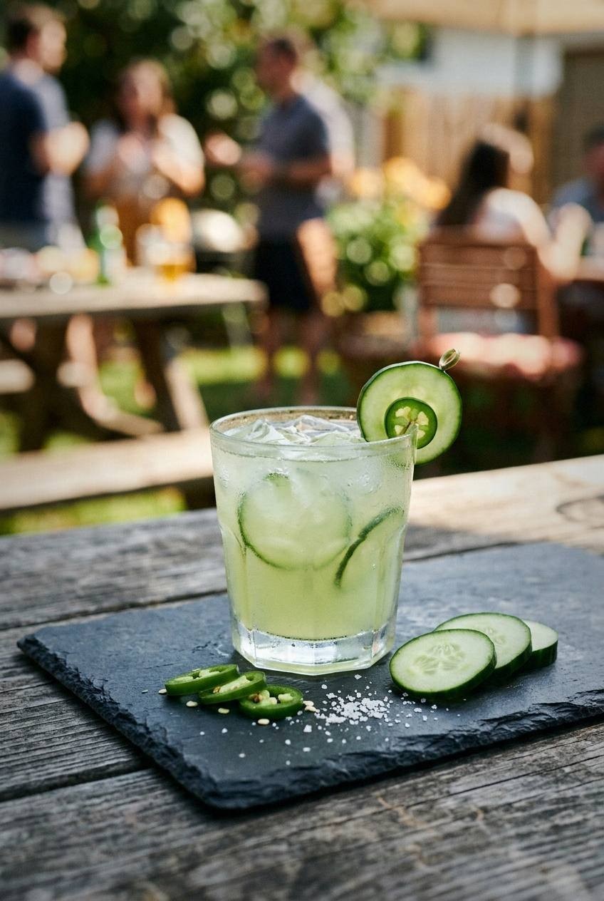 Tall glass of pale green cucumber cooler with thin jalapeño slices and sparkling water bubbles over ice