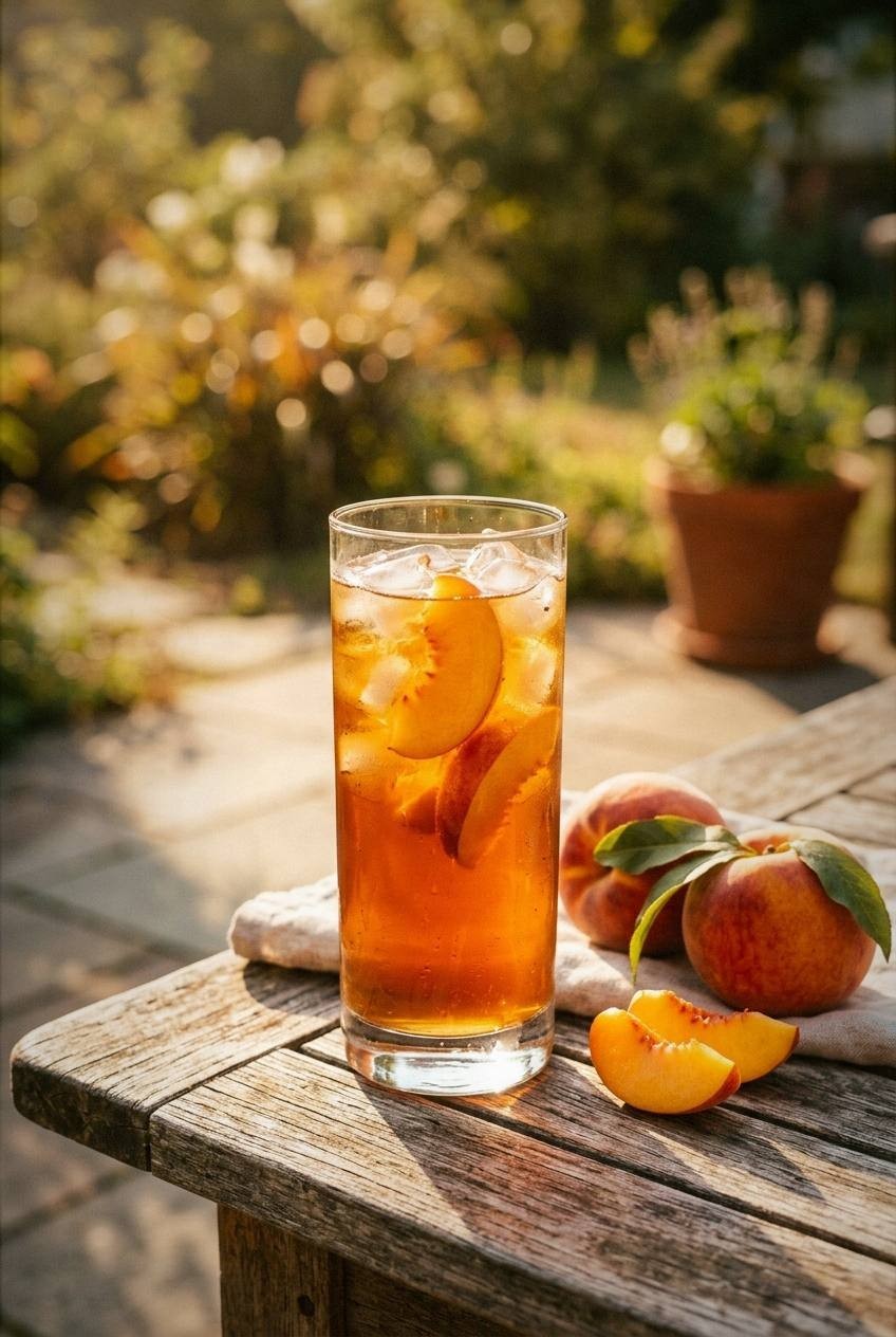 Mason jar of golden peach sweet tea punch with fresh peach slices and ice on a sunlit porch table