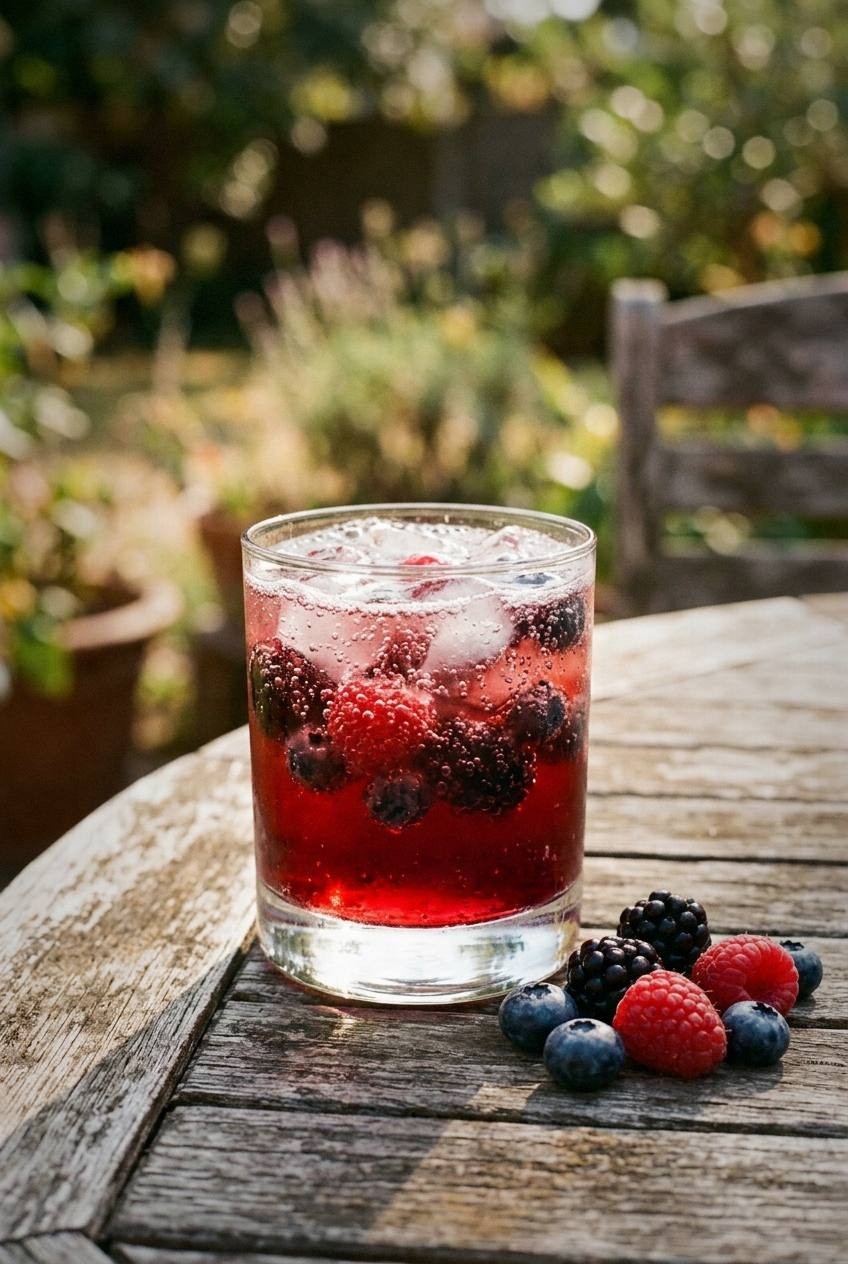 Glass of deep purple berry ginger spritzer with muddled berries, ice, and ginger beer fizz