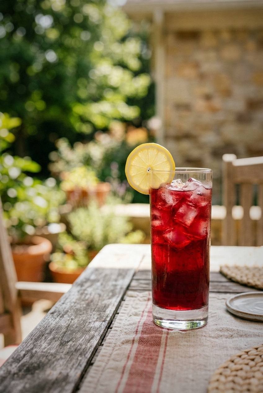 Tall glass of deep ruby hibiscus Arnold Palmer with ice and a lemon wheel in a clear cup