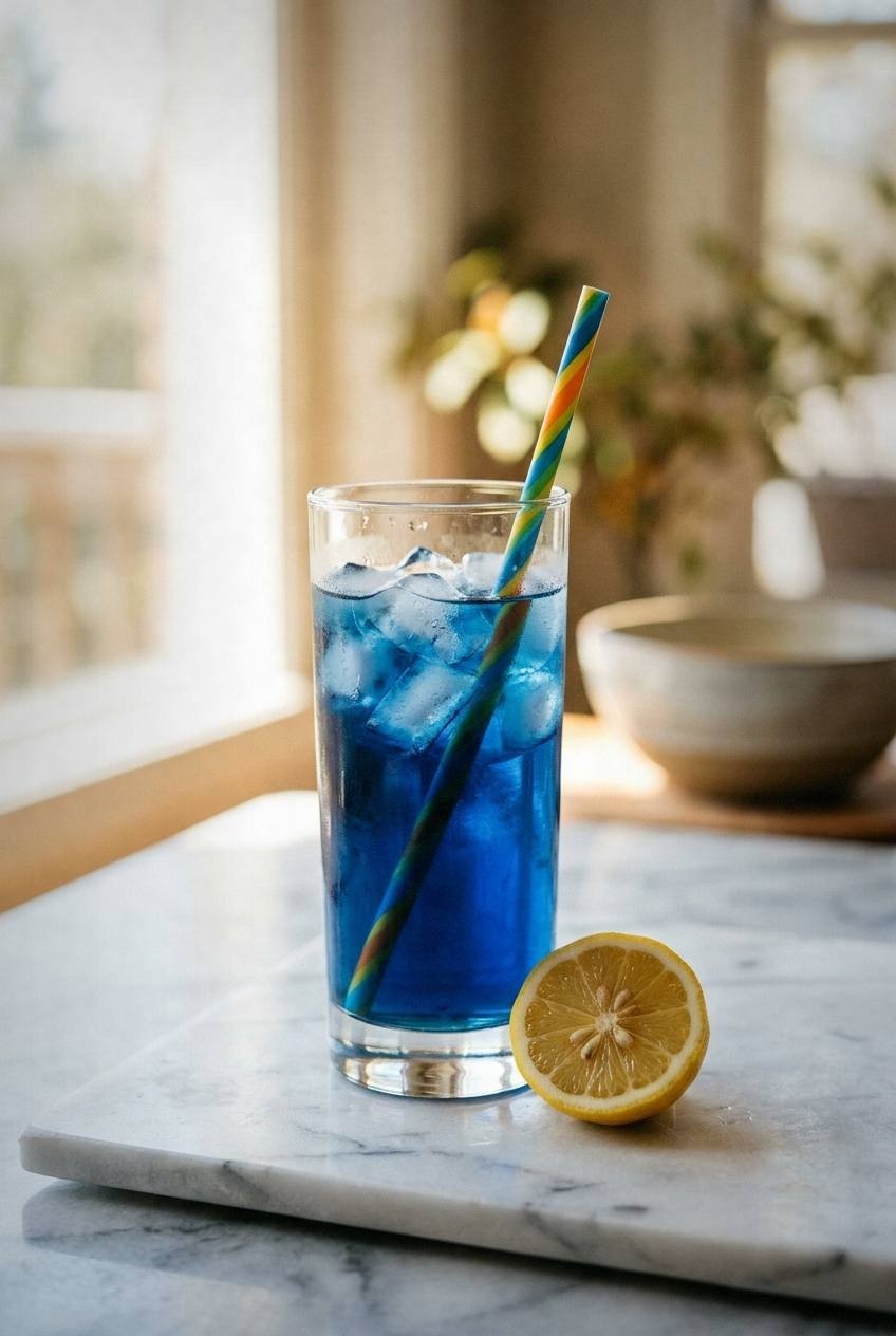A glass of butterfly pea flower lemonade shifting from deep blue to purple as lemon juice is added