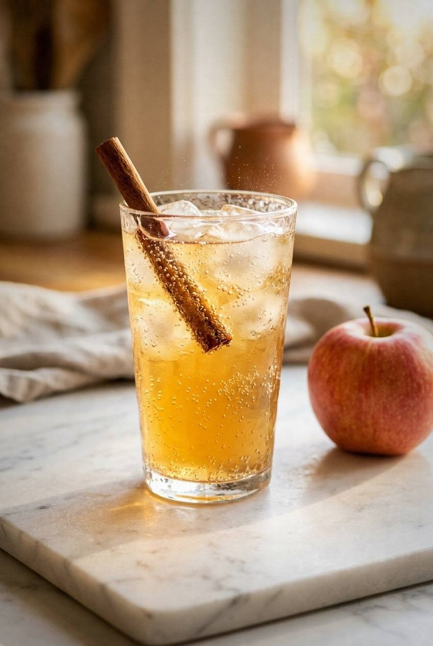 A glass of apple cider sparkler over ice with a cinnamon stick and bubbles