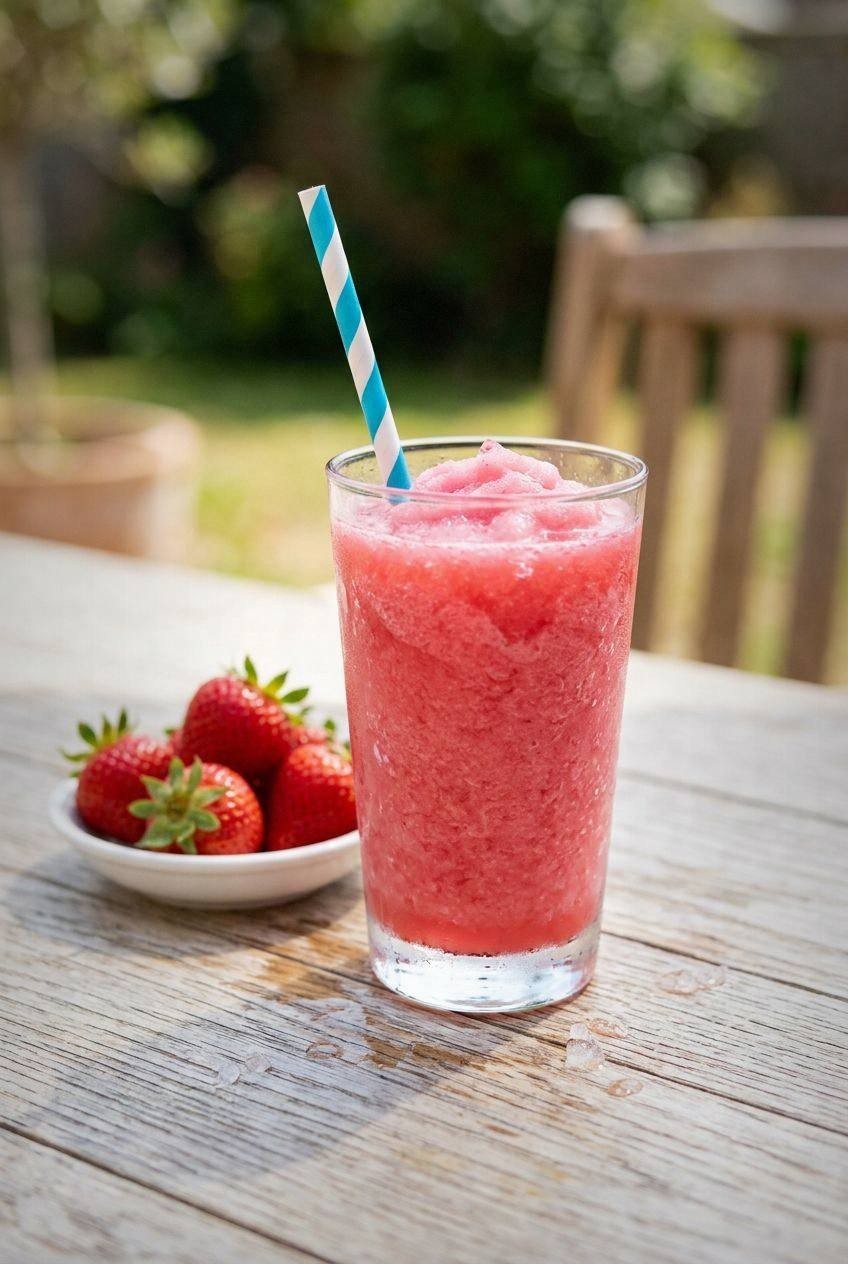 A bright red frozen strawberry slushie in a clear glass with a colorful straw