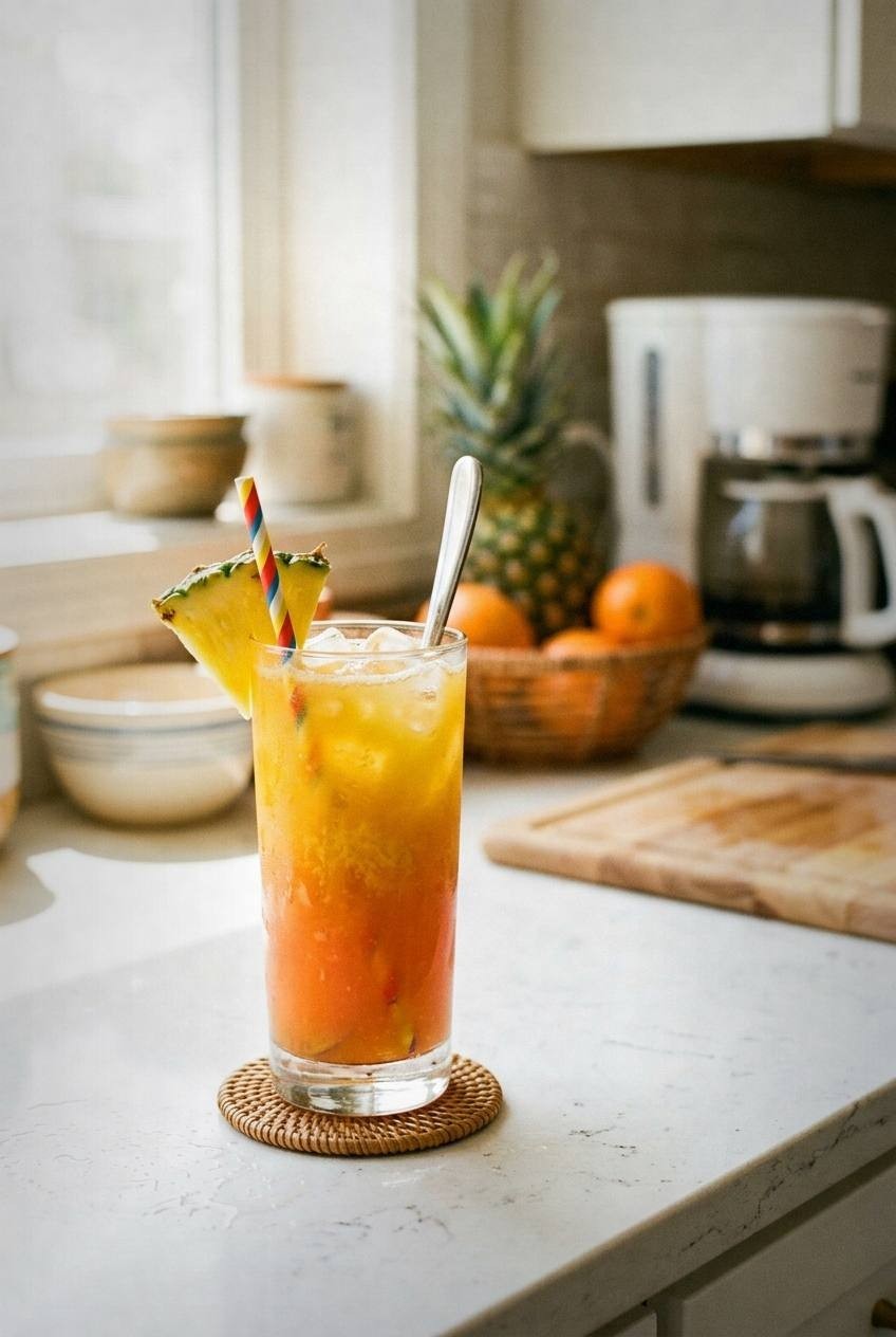 A tall glass of golden tropical punch with a pineapple wedge garnish and ice