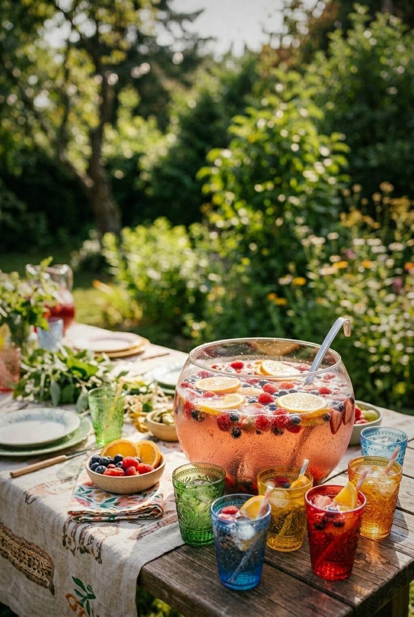 A punch bowl filled with sparkling berry punch, fresh berries and orange slices floating on top
