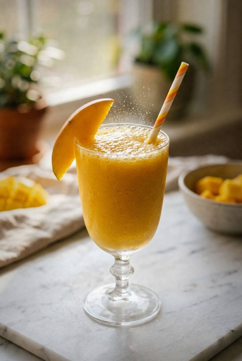 A creamy mango smoothie mocktail in a fancy glass topped with fizzy sparkling water and a mango slice