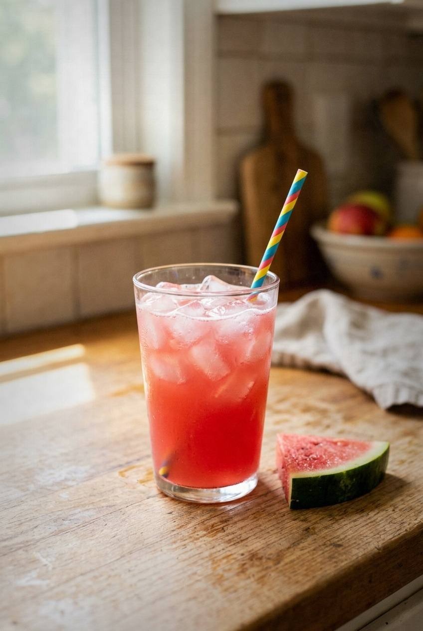 A glass of pink watermelon agua fresca with ice and a lime wedge