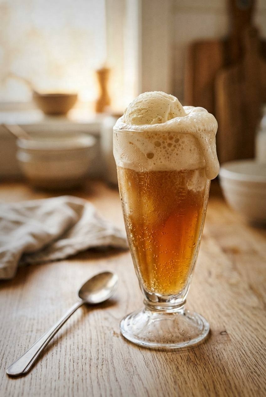 A tall glass of ginger beer float with vanilla ice cream foaming over the top