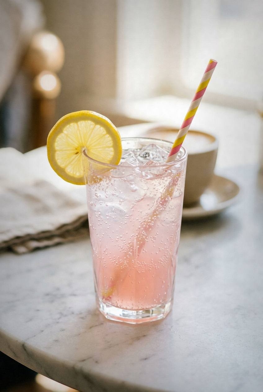 A sparkling pink lemonade in a fancy glass with a lemon wheel and bubbles rising