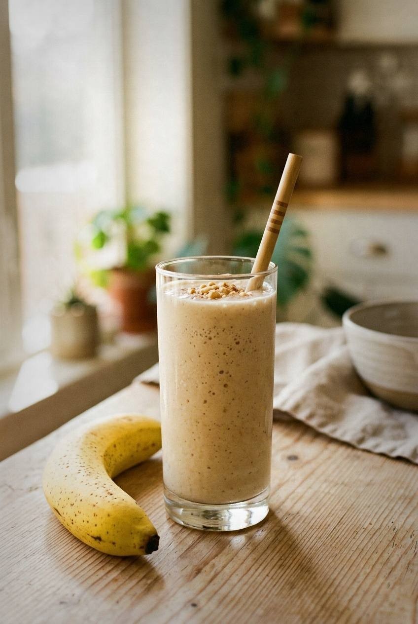 A thick banana peanut butter shake in a tall glass with a straw, creamy and smooth