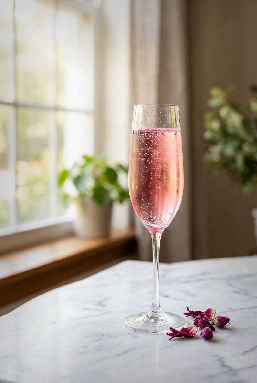 Champagne flute filled with sparkling pink hibiscus mocktail with tiny bubbles rising on white marble surface
