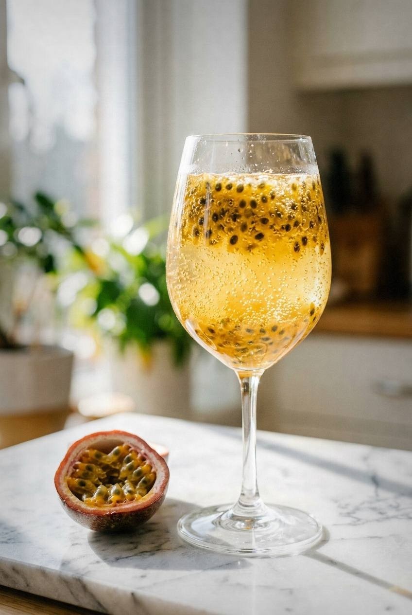 Glass of golden passion fruit spritz with visible seeds suspended in sparkling water