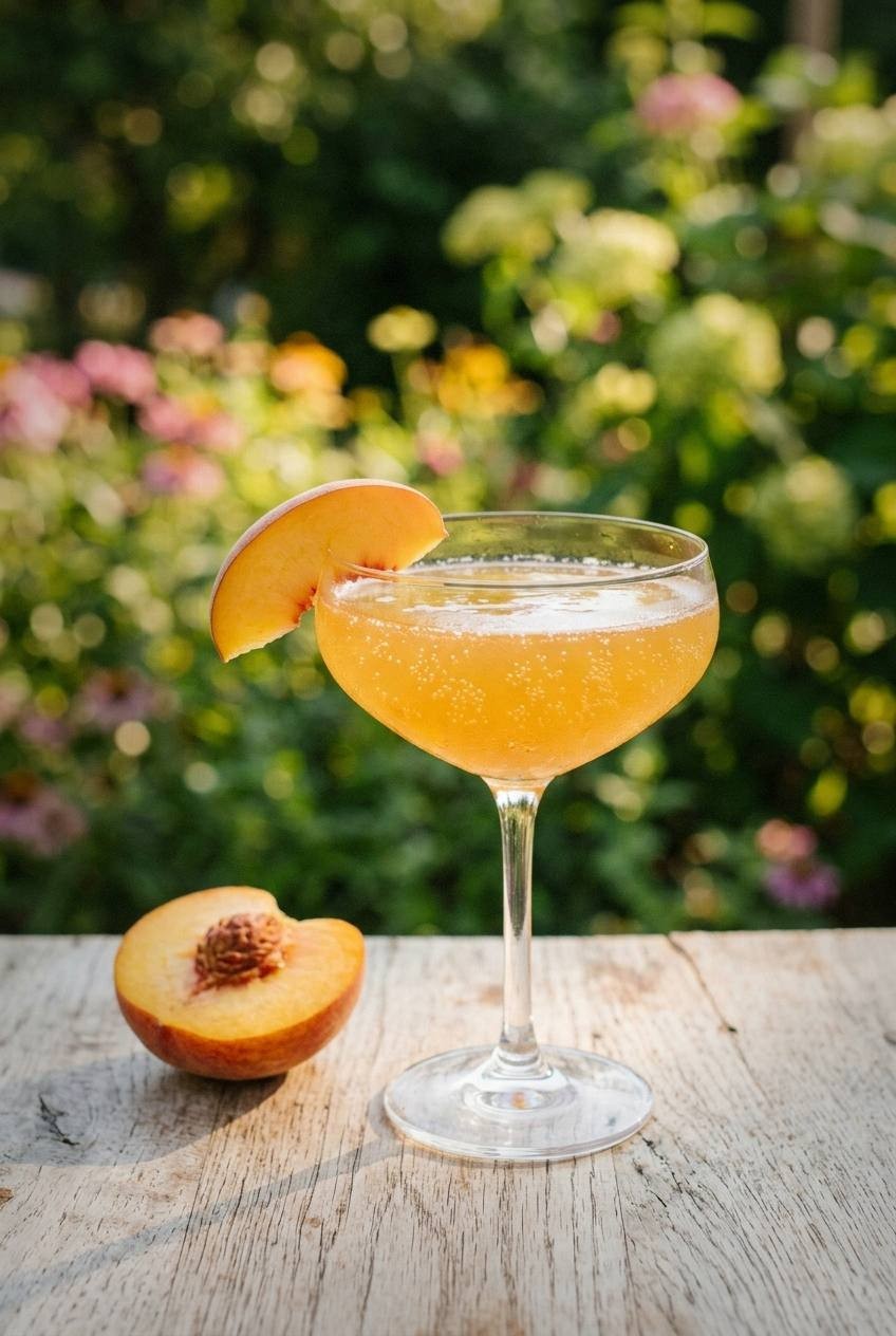 Coupe glass of golden peach bellini mocktail with thin peach slice on the rim on light wood surface