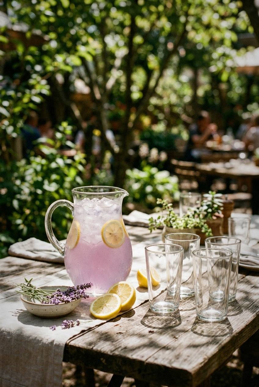 Pitcher of lavender lemonade with ice and lemon wheels on a sunny outdoor brunch table