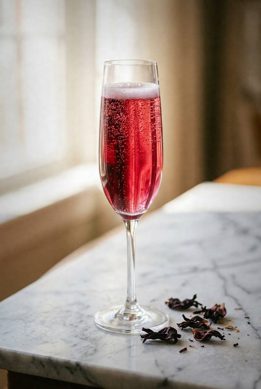 Champagne flute filled with deep ruby pink hibiscus mocktail with tiny bubbles rising