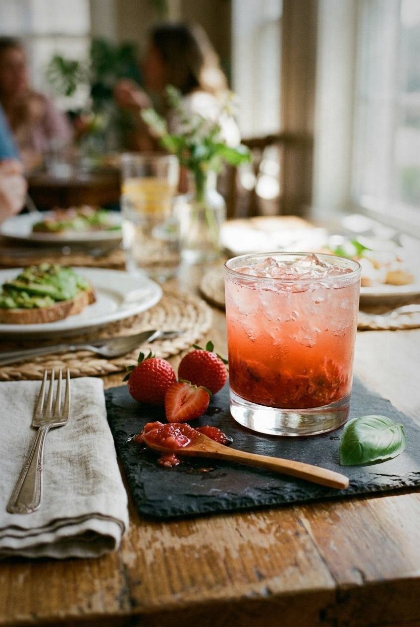 Glass of bright red strawberry basil smash with muddled strawberry and a basil leaf floating on top