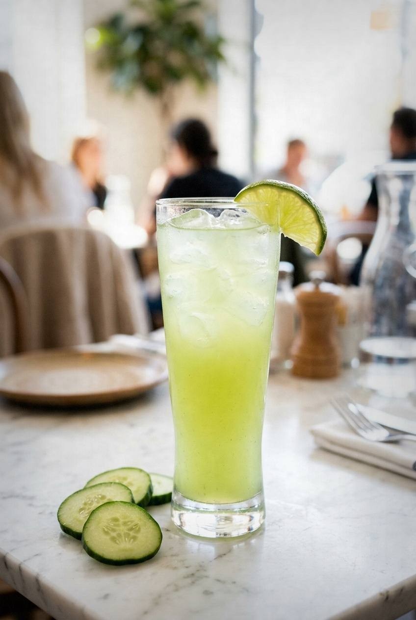 Tall glass of pale green cucumber mint cooler with ice and a lime wedge