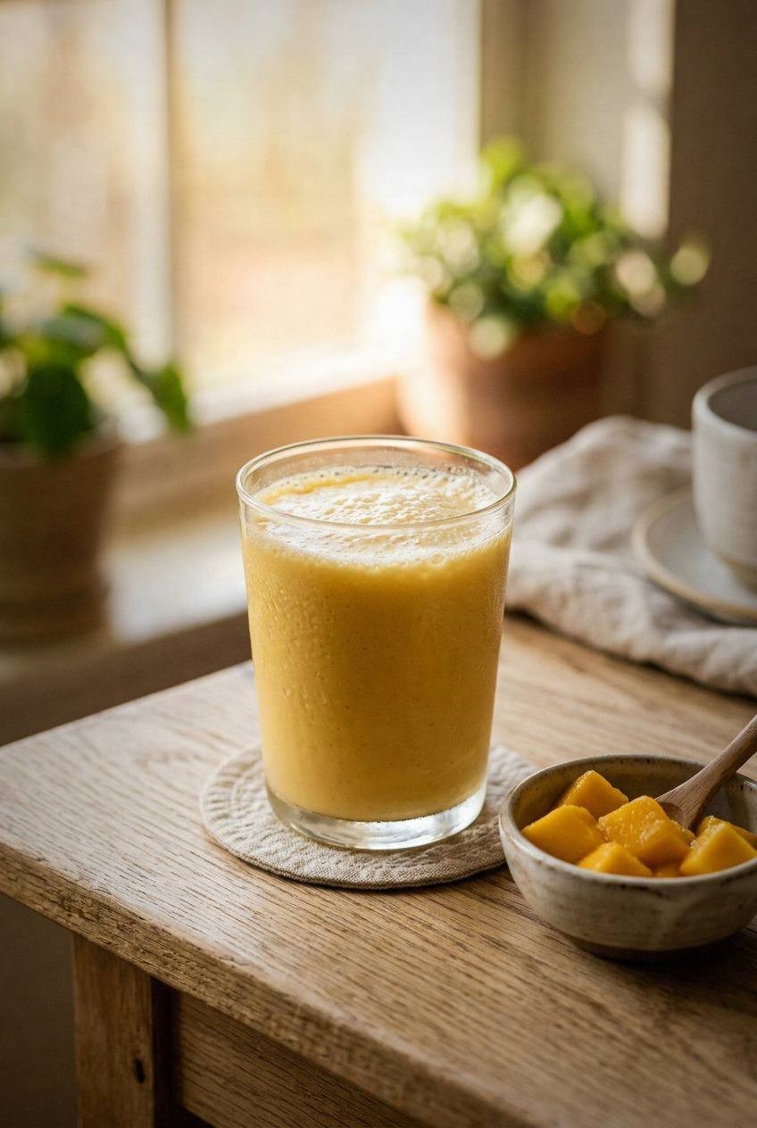 Glass of creamy golden mango lassi mocktail with a pinch of cardamom on top