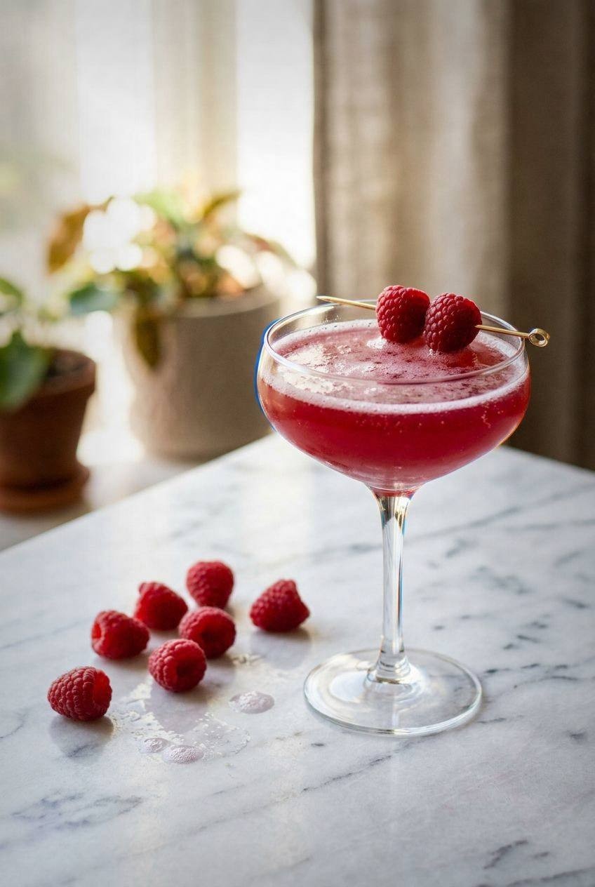Coupe glass of pink raspberry rose fizz topped with two fresh raspberries on a cocktail pick