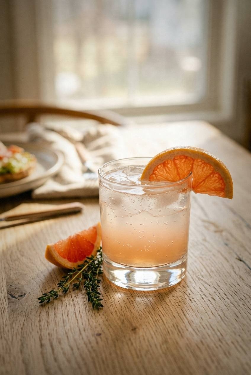 Glass of pale pink grapefruit thyme sparkler over ice with a thyme sprig beside the glass