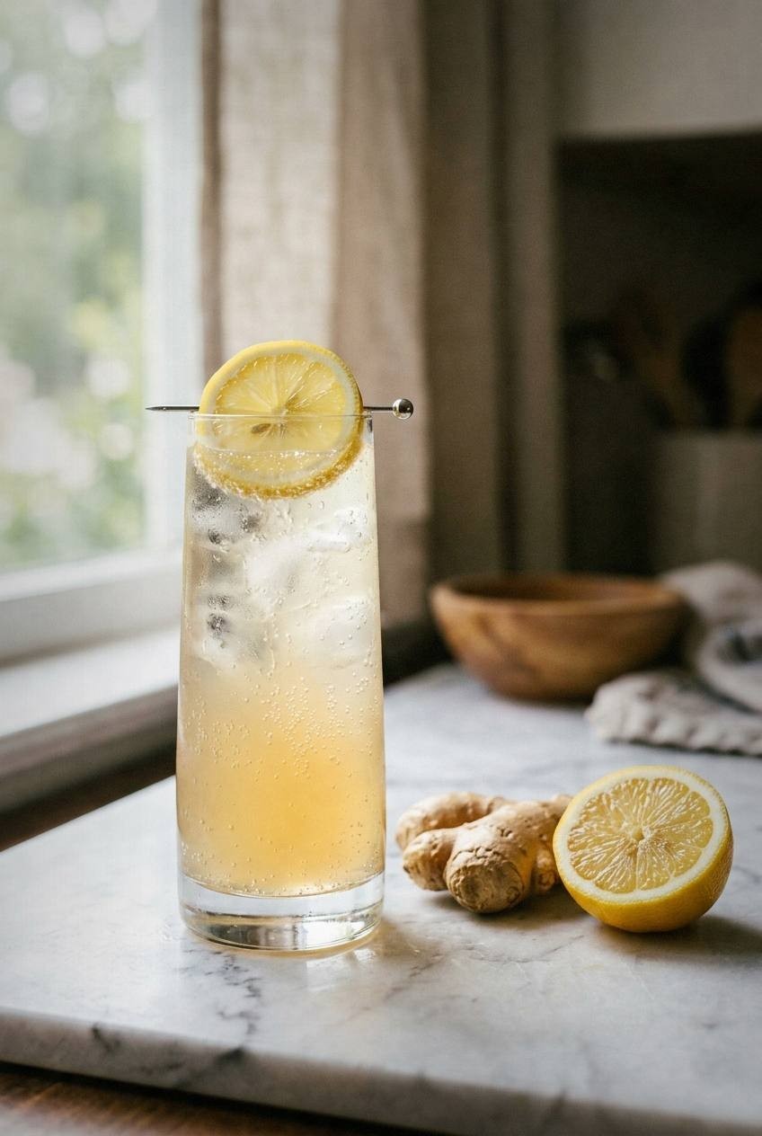 Tall glass of sparkling ginger lemonade with ice and lemon wheel on white marble surface