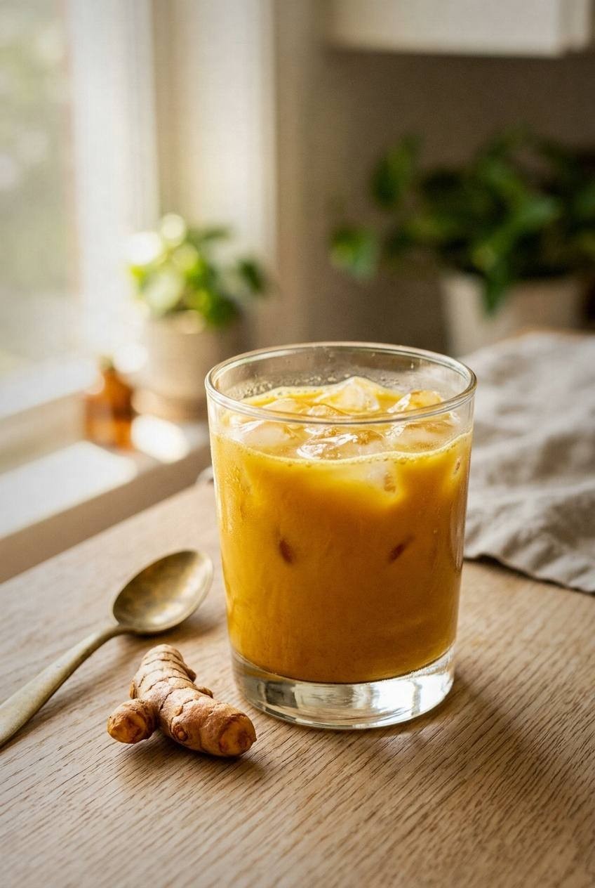 Iced golden milk cooler in a glass with a warm yellow hue and black pepper flecks