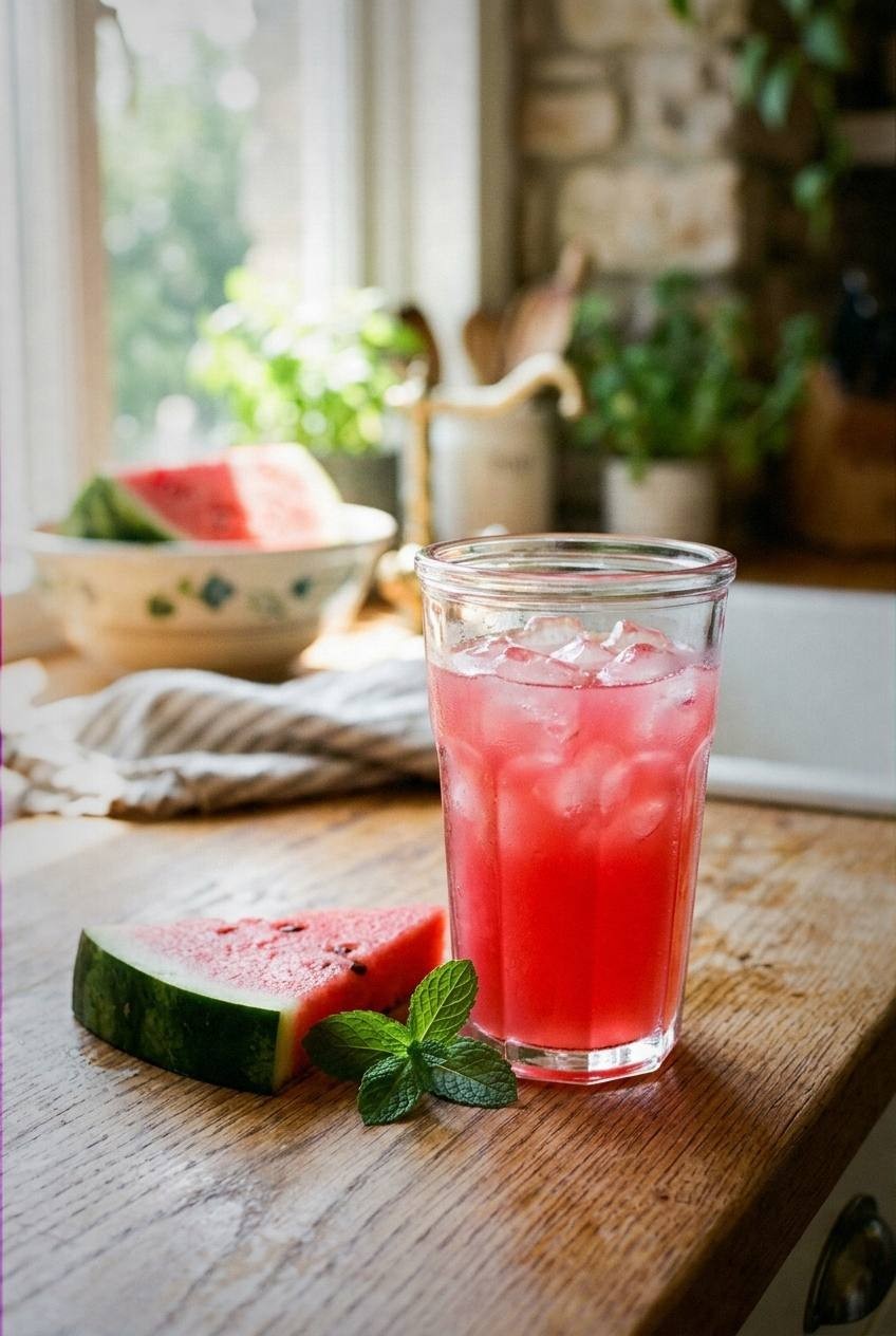 Glass of bright pink watermelon agua fresca with ice on sunny kitchen counter
