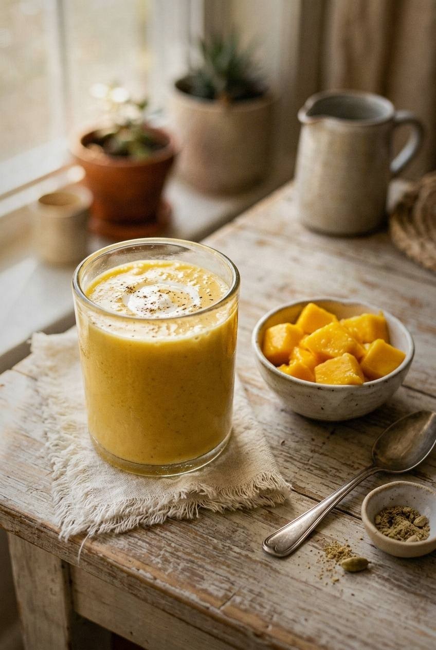 Glass of creamy golden mango lassi on light wood surface with small bowl of mango chunks