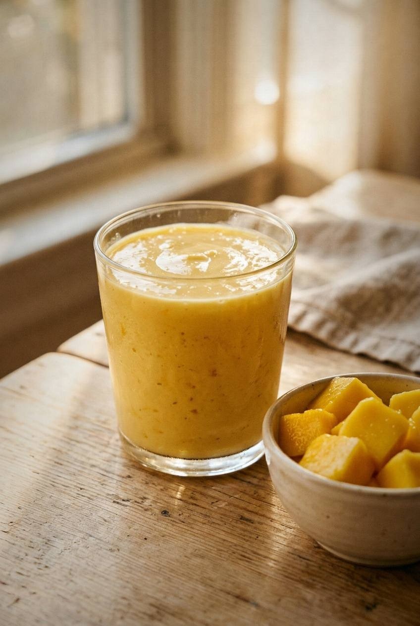 Creamy golden mango lassi in a short glass with a small bowl of mango chunks nearby