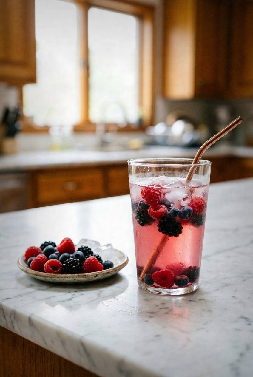 Glass of berry coconut water with muddled berries and ice cubes