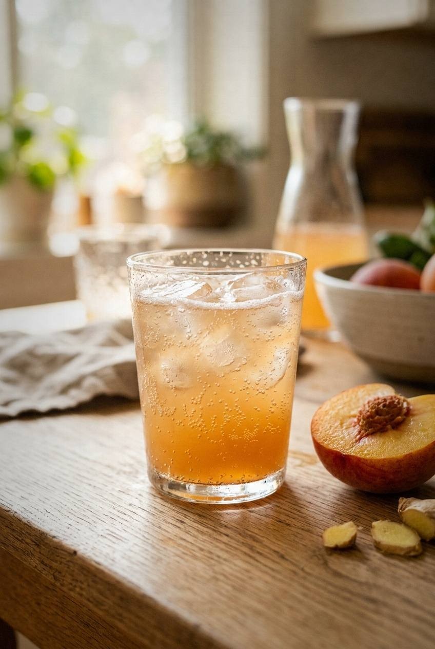 Fizzy peach ginger drink in a tall glass with bubbles rising and a peach slice on the rim